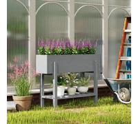 Outsunny Wooden Raised Bed W/ Bed Liner, Storage Shelf, Grey