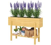 Outsunny Wooden Raised Bed W/ Bed Liner, Storage Shelf, Natural Wood Finish Natural