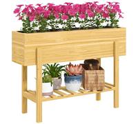 Outsunny Wooden Raised Garden Bed, 100 x 30 x 71 cm, Natural Wood Finish | Elevated Planter Box, Bed Liner, Drainage Holes, Storage Shelf, Raised Planter for Vegetables, Flowers, Herbs