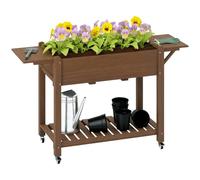 Outsunny Wooden Raised Garden Bed with Lockable Wheels, Carbonised | Wooden Elevated Planter Box, Side Tables, Bottom Shelf, Outdoor Planter, Liner, Drainage Holes, for Vegetables Flowers Fruits