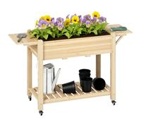 Outsunny Wooden Raised Garden Bed with Lockable Wheels, Natural | Wooden Elevated Planter Box, Side Tables, Bottom Shelf, Outdoor Planter, Liner, Drainage Holes, for Vegetables Flowers Fruits