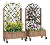 Outsunny Wooden Raised Garden Bed with Metal Trellis, Pack of 2, Brown | Elevated Planter Boxes, Wheels, Drainage Holes, Outdoor Raised Planter for Climbing Plants, Fruits, Vegetables, Flowers