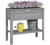 Outsunny Wooden Raised Garden Bed with Storage Shelf, Drainage Holes, Grey