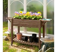 Outsunny Wooden Raised Planter With Lockable Wheels, Liner, Carbonised