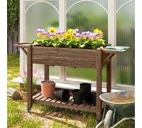 Outsunny Wooden Raised Planter With Lockable Wheels, Liner, Carbonised In Natural Natural