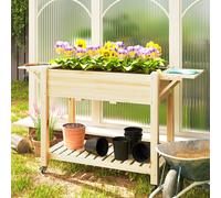 Outsunny Wooden Raised Planter with Lockable Wheels, Liner, Natural, Brown