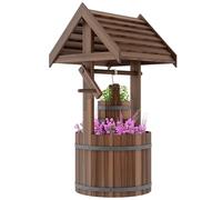Outsunny Wooden Wishing Well Planter with Adjustable Hanging Bucket, Rustic Wishing Well for Outside, Decorative Flower Planter with Drainage Hole for Garden Patio, Carbonized
