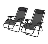 Outsunny Zero Gravity Chair Set of 2, Metal Frame Texteline Armchair Outdoor Folding and Reclining Sun Lounger with Head Pillow for Patio Decking Gardens Camping, Black