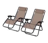 Outsunny Zero Gravity Chair Set of 2, Metal Frame Texteline Armchair Outdoor Folding and Reclining Sun Lounger with Head Pillow for Patio Decking Gardens Camping, Beige