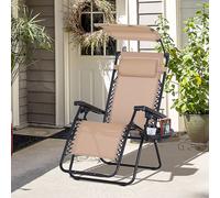 OUTSUNNY Zero Gravity Garden Folding Patio Sun Lounger w/ Cup Holder & Canopy Shade in Beige Outsunny Beige