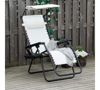 OUTSUNNY Zero Gravity Garden Folding Patio Sun Lounger w/ Cup Holder & Canopy Shade in White Outsunny White