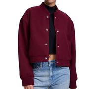 OUTTA BOX Women’s Wool Look Bomber Jacket, Button Up Baseball Coat with Stand Collar, Oversized Casual Outerwear for Autumn Winter Christmas (UK, Alpha, S, Regular, Regular, Burgundy)