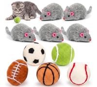 Outus 10 Pcs Cat Toys Bulk Include 5 Furry Mouse & 5 Sport Themed Pom Pom Balls for Cat and Kitty Mice Toys Felt Wool Ball Soft Quiet Interactive Catch Without Catnip for Yard Apartment Indoor Outdoor