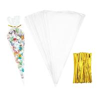 Outus 100 Pieces Christmas Medium Transparent Cone Bags Clear Cello Bags Sweets Treat Bags with 100 Pieces Twist Ties, 11.8 by 6.3 Inch (Gold Twist Ties)