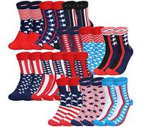 Outus 12 Pairs American Flag Socks for Men Patriotic Crew Stars and Stripes Dress White Red and Blue Veteran Military Cotton Socks for Memorial