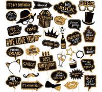 Outus 36 Pieces Birthday Photo Booth Prop Happy Birthday PropPhotoshoot Black & Gold Photo Prop Party Prop Holiday Picture Props Photo Booth Prop Pose Sign KitBirthday Party Supplies (SUN-Outus-2504)
