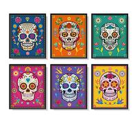 Outus 6 Pieces Sugar Skull Wall Decorations Day of the Dead Decor Mexican Sugar Skull Day of the Dead Fiesta Art Prints, 8x10 Inches