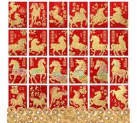 Outus 72 Pcs 2026 Chinese New Year Red Envelopes Year of Horse Red Envelopes Cartoon Horse Hong Bao Lucky Money Packet with 100 Brass Chinese Feng Shui I Ching Coin for Spring Festival, 3.2 x 4.5 Inch