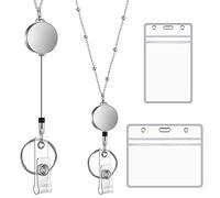 Outus ID Card Holder and Retractable Reel Set Retractable Lanyard Key Chain 2 Pieces Clear Waterproof Plastic ID Badge Holder and Stainless Steel Lanyard Necklace for Keys Holder Card Badge (Silver)