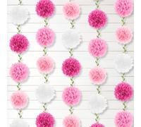Outus Tissue Paper Pom Pom Garlands DIY Chrysanthemum Hanging Banner Artificial Vine Leaves for Birthday Baby Shower Wedding Bridal Shower Spring Summer Party Decorations(Pink)