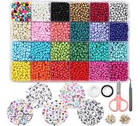 OUTUXED 7200pcs 4mm Glass Seed Beads and 300pcs Alphabet Letter Beads for Bracelets Jewelry Making and Crafts with Elastic String Cords, Tweezers and Accessories DIY Material