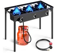 Outvita 3 Burner Propane Gas Stove for Outdoor Cooking, 225,000 BTU Camping Cooker with Removable Legs, Temperature Control Knobs for Backyard Cooking, BBQ, Baking and Frying