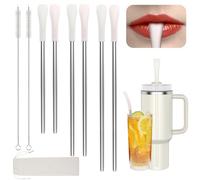 OUTXE Anti Wrinkle Straw 6 Pcs, Flat Wide Drinking Straw for Stanley Cup 40 oz 30 oz, Reusable Wrinkle Free Long Stainless Steel Metal Straw for Lip with Cleaning Brush and Carrying Bag