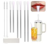 OUTXE Anti Wrinkle Straw 6 Pcs for Stanley, Lip Filler flat Straw Topper | Drinking Straw for 40/ 30 oz Stanley& Yeti& Owala, Reusable Wrinkle Free Long Stainless Steel Metal Straw with Cleaning Brush