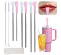 OUTXE Anti Wrinkle Straw 6 Pcs for Stanley, Lip Filler flat Straw Topper | Drinking Straw for 40/ 30 oz Stanley& Yeti& Owala, Reusable Wrinkle Free Long Stainless Steel Metal Straw with Cleaning Brush