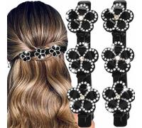 Outyua Sparkling Crystal Stone Braided Hair Clips for Women Black Flower Rhinestone Braided Duckbill Hairpin 2Pcs