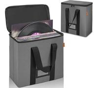 OUUTMEE 12-inch Vinyl Record Carrying Bag with Lids & Handles,Waterproof Vinyl Storage Case for Hold up to 50 Singles,Collapsible Portable Record Organizer for Albums, CDs, Passports, Files(Grey)