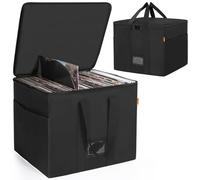 OUUTMEE 12-inch Vinyl Record Storage Bag with Lids & Handles,Waterproof Vinyl Storage Case for Hold up to 50 Singles,Collapsible Portable Record Organizer for Albums, CDs, Passports, Files(Black