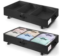 OUUTMEE 2 Pack Under Bed Storage Box with Wheels, 50L Foldable Under Bed Organiser with Lid, Rolling Underbed Containers,Storage Organisation Boxes with Metal Frame for Clothes,Shoes,Blankets(Black)