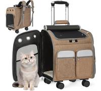 OUUTMEE Cat Carrier with Wheels, 3-in-1 Pet Carrier Backpack on Wheels, Pet Travel Stroller Dog Trolley Backpack with Breathable Mesh, Collapsible Cats/Dogs Travel Bag for Small & Medium Pets(Khaki)