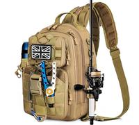 OUUTMEE Fishing Tackle Backpack with Rod & Gear Holder, Portable Sling fishing Gear Bag, Waterproof and Multi-Pocket Tactical Fishing tackle Bag for Fishing Hiking Travel (Khaki)