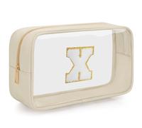 OUUTMEE Personalized Cosmetic Bag Initial Letter Clear Travel Cosmetic Bag Waterproof Toiletry Bag with Zipper for Teen Girls and Women, beige, X