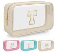 OUUTMEE Personalized Cosmetic Bag Initial Letter Clear Travel Cosmetic Bag Waterproof Toiletry Bag with Zipper for Teen Girls and Women, beige, T