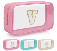 OUUTMEE Personalized Cosmetic Bag Initial Letter Clear Travel Cosmetic Bag Waterproof Toiletry Bag with Zipper for Teen Girls and Women, pink, V