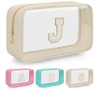 OUUTMEE Personalized Cosmetic Bag Initial Letter Clear Travel Cosmetic Bag Waterproof Toiletry Bag with Zipper for Teen Girls and Women, beige, J