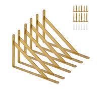 Ouvin Gold Shelf Brackets Heavy Duty with Screws 300mm 6 Pcs | 12" Board Compatible, Triangle Design, Space Saving, 66lb, Right Angle, with Screws, Durable, for Living Room Kitchen Garage
