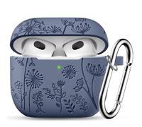 Ouwegaga Flower Engraved Case for Airpods 3rd Generation Case, Soft Silicone Shockproof Protective Cover Compatible with Apple Airpods 3 Case Cover 2021, with Carabiner [Front LED Visible], BlueGrey