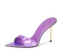 Ouwilov High Heel Mules for Women Pointed Toe Slip On Design with 3.7 Inch Metal Stiletto Heel and Soft Padded Insole in Iridescent Gold for Parties or Date Night, Purple, 9 UK