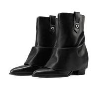 Ouwilov Silver Ankle Boots Women Pointed Toe Design Fold-Over Shaft Vegan Leather Mid Heel Booties For Winter Street Style, Black, 7 UK