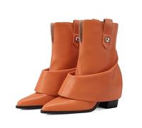 Ouwilov Silver Ankle Boots Women Pointed Toe Design Fold-Over Shaft Vegan Leather Mid Heel Booties For Winter Street Style, Orange, 7 UK