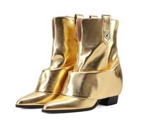 Ouwilov Silver Ankle Boots Women Pointed Toe Design Fold-Over Shaft Vegan Leather Mid Heel Booties For Winter Street Style, Gold, 3 UK
