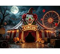 OUYIDA 7x5FT Halloween Horror Circus Backdrop Carnival Creepy Clown Full Moon Night Pumpkin Ferris Wheel Evil Circus Photography Background for Scary Party Decorations Photo Props