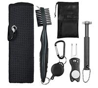 OUYILE Golf Accessories Clean Tool Set, Golf Towel, Golf Club Brush,Golf Club Groove Sharpener and Divot Repair Tool with Golf Pouch Bag, Golf Essentials Tool Kit for Men(Black)