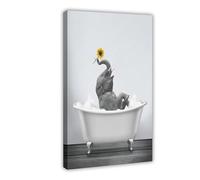 OUYKAN Elephant with Yellow Sunflower in Bathtub Black And White Wall Art Funny Animal for Bathroom Kitchen Bedroom Canvas Poster Bedroom Decor Sports Landscape Office Room Decor Gift Frame 16x24inch