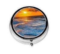 OUYNIEI Beach with Sunset Printed Round Pill Box Pill Storage Bag