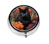 OUYNIEI Black Cat and Flower Printed Round Pill Box Pill Storage Bag